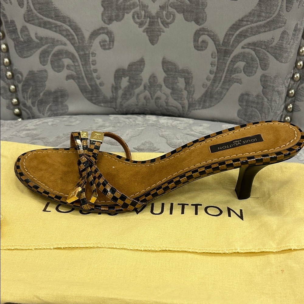 Louis Vuitton Tan and Brown Checkered Knot Kitten Heel Sandal